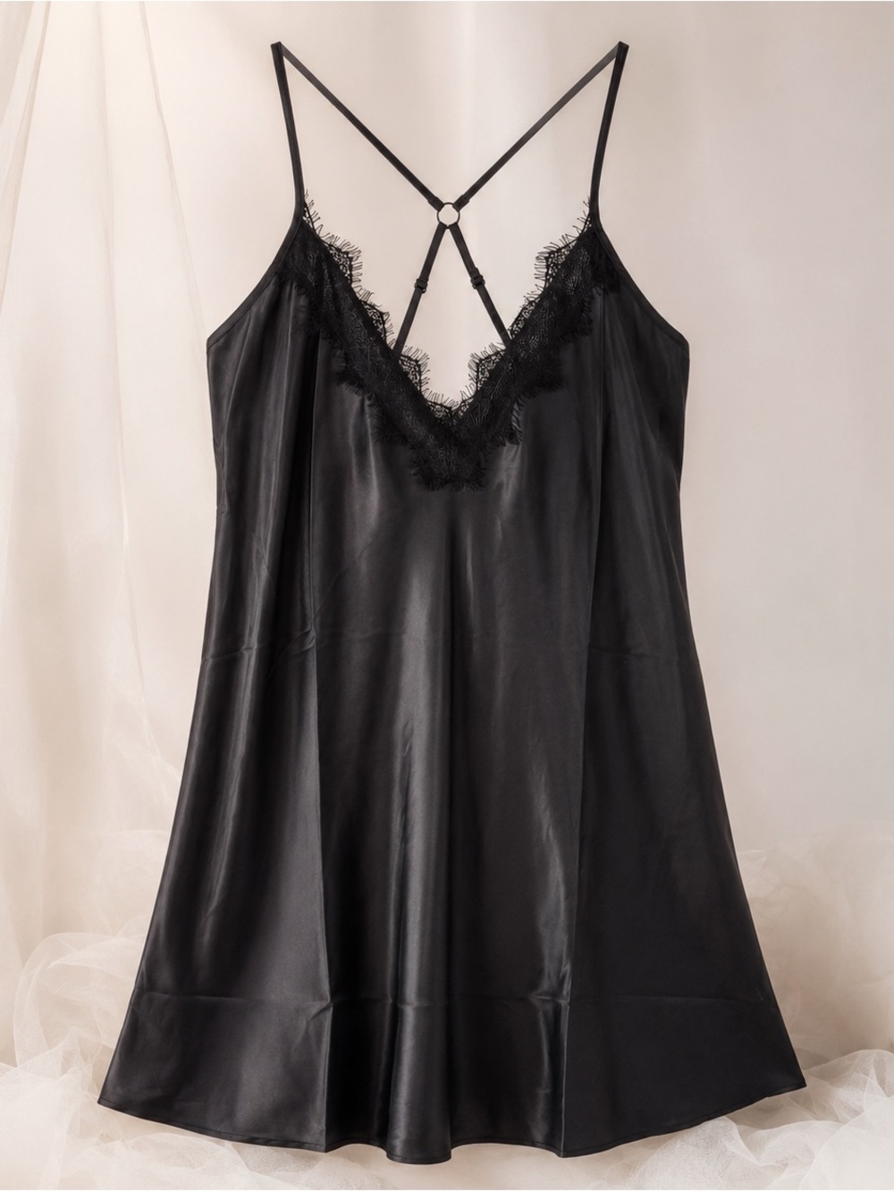 Frederick’s of Hollywood Erina Satin Lace Babydoll Black L NWT